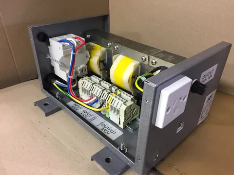 Enclosed unit with two toroidal transformers, a breaker and a socket